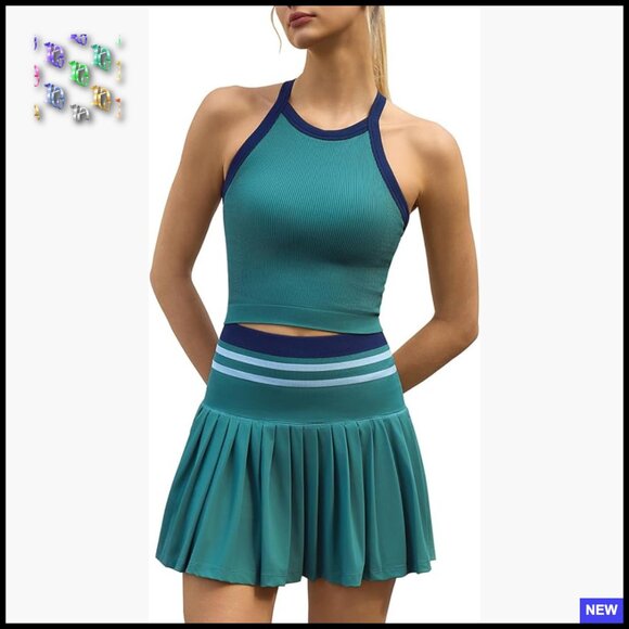 High Waisted Pleated Tennis Skirt Set with Padded Tank Top 2 Piece Athletic
